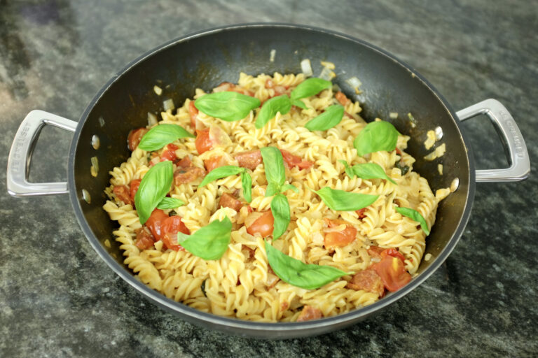 one pot fusilli with chorizo and parmesan cheese