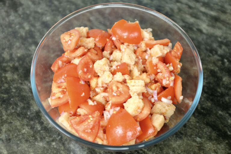 fresh tomato salad with bread shallot garlic and apple vinegar