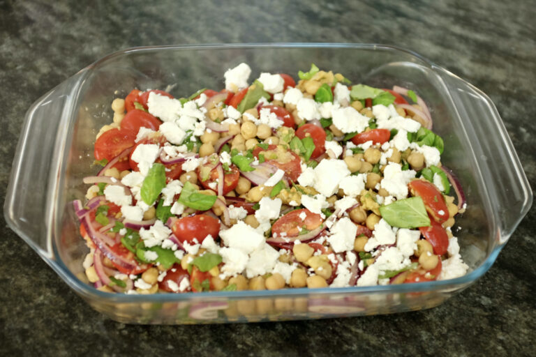 chickpea summer salad with cherry tomatoes basil and feta cheese