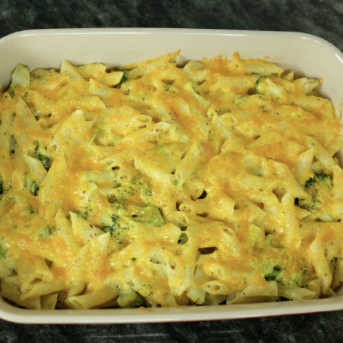 baked broccoli and penne pasta gratinated with cheddar cheese