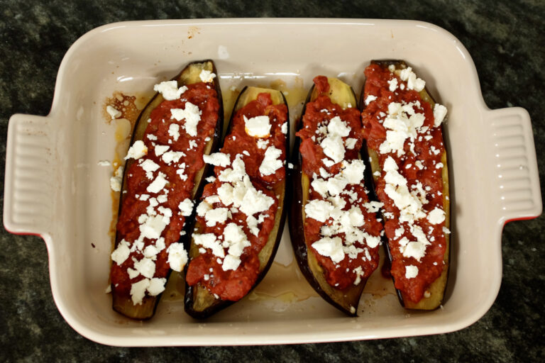 aubergines baked greek style with tomatoes garlic oregano and feta cheese