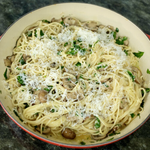 mushroom carbonara with spaghetti egg baby bella mushrooms garlic parsley and pecorino romano cheese