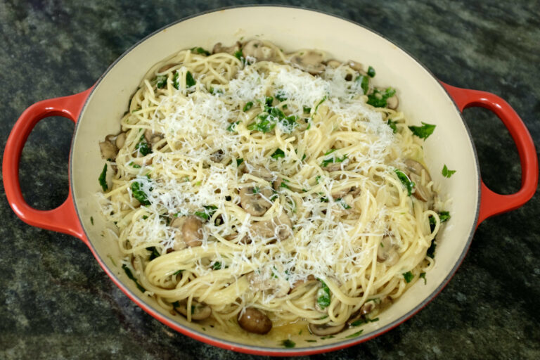 mushroom carbonara with spaghetti egg baby bella mushrooms garlic parsley and pecorino romano cheese