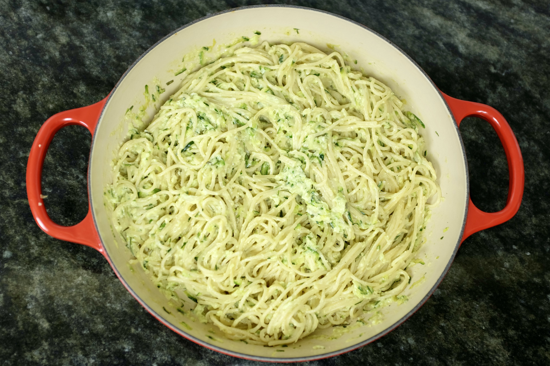 spaghetti with courgette rosemary mascarpone lemon zest and pecorino romano cheese