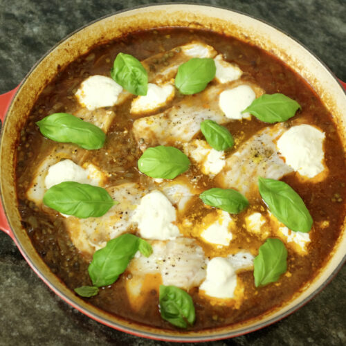 baked cod with green lentils smoked paprika garlic and mascarpone cheese with lemon zest