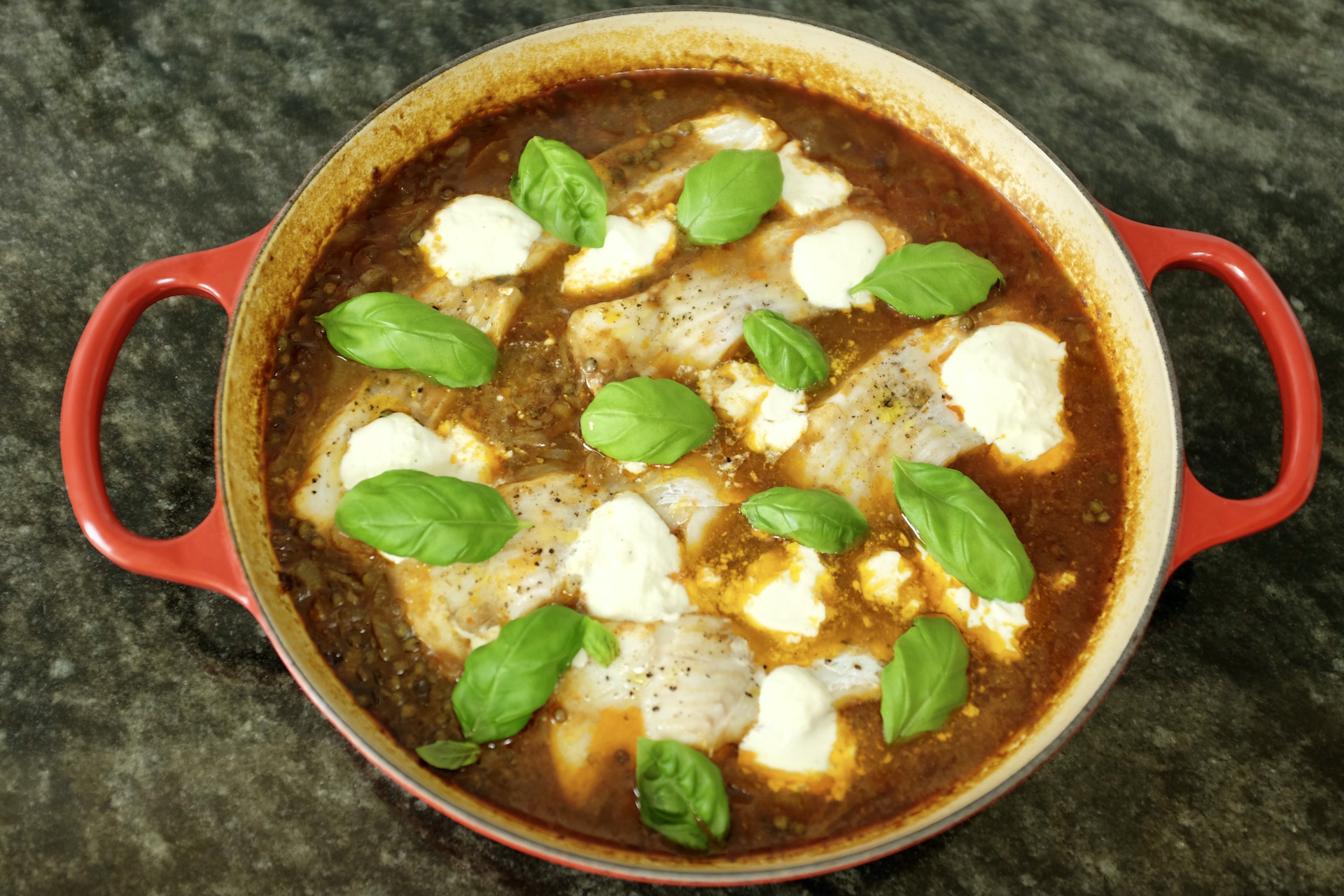 baked cod with green lentils smoked paprika garlic and mascarpone cheese with lemon zest