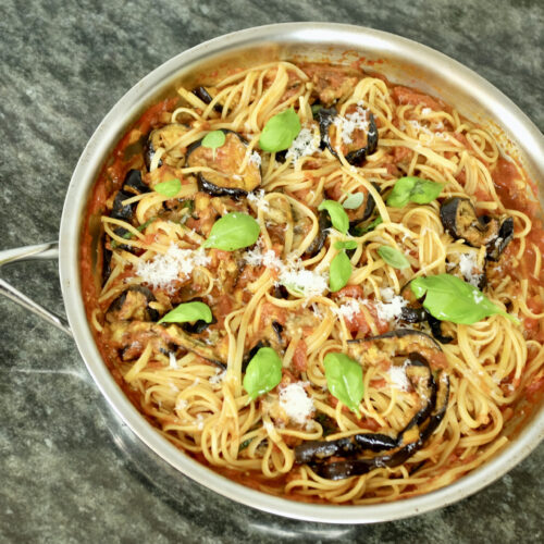 linguine alla norma with aubergines tomatoes garlic oregano and pecorino romano cheese