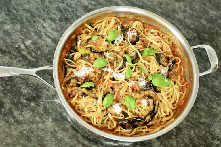 linguine alla norma with aubergines tomatoes garlic oregano and pecorino romano cheese