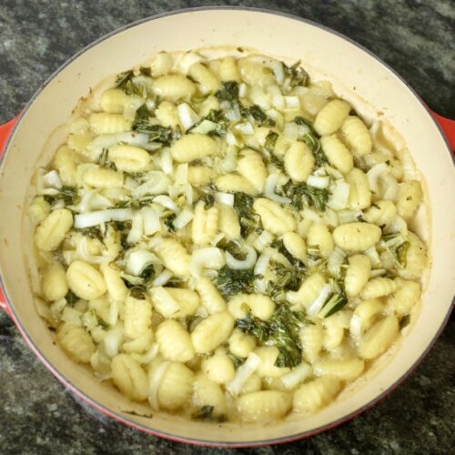 oven baked one-pot bok choy and gnocchi with garlic and white wine