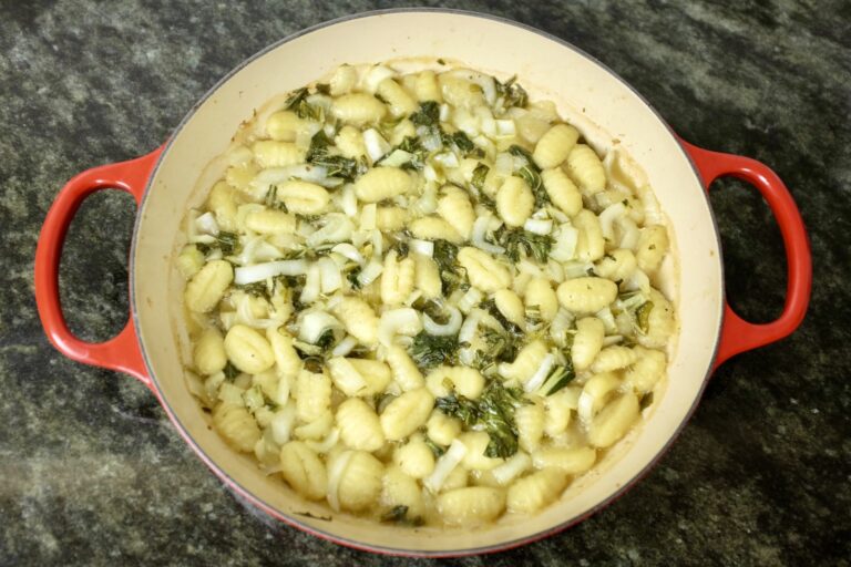 oven baked one-pot bok choy and gnocchi with garlic and white wine