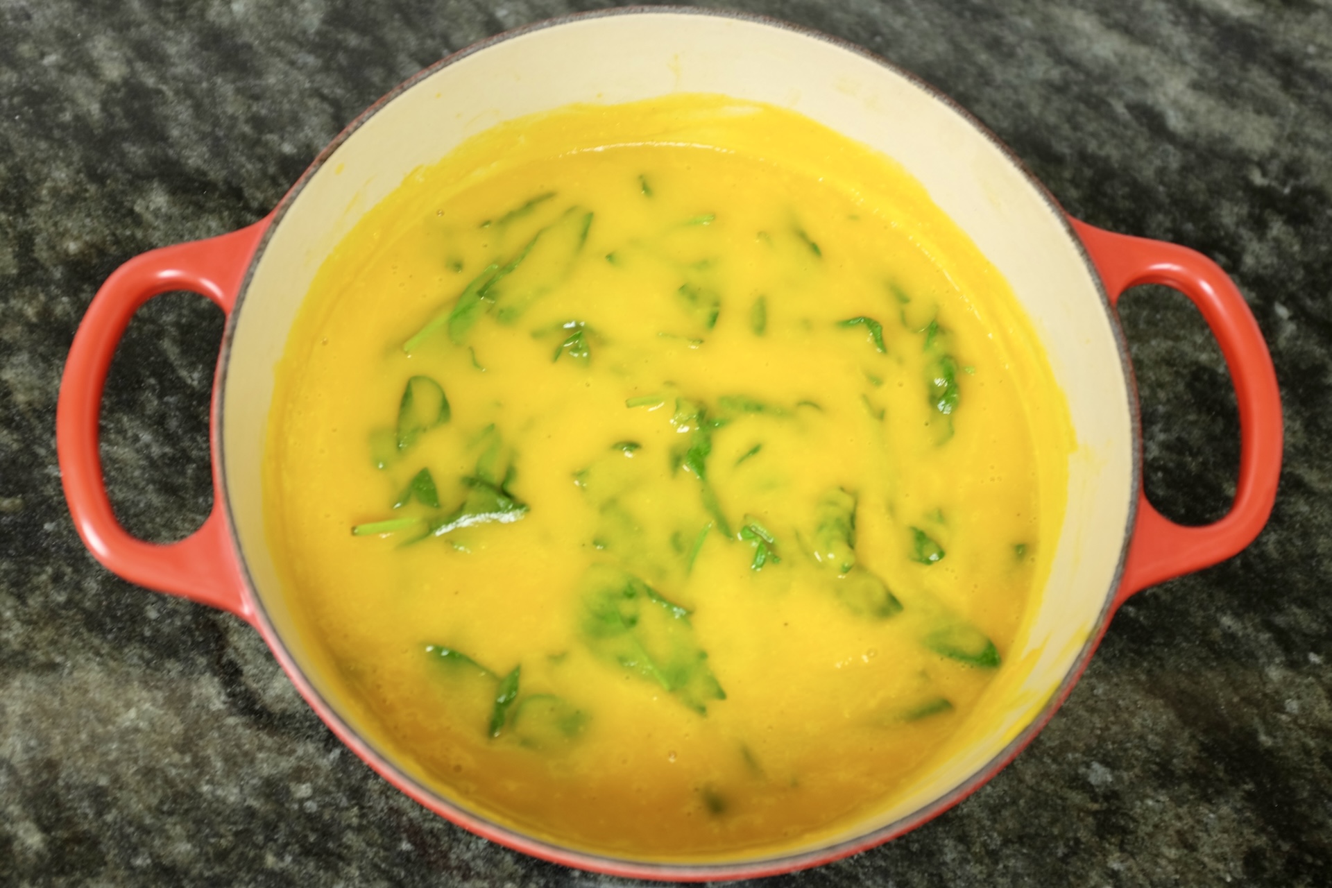 carrot soup with onion garlic and baby spinach