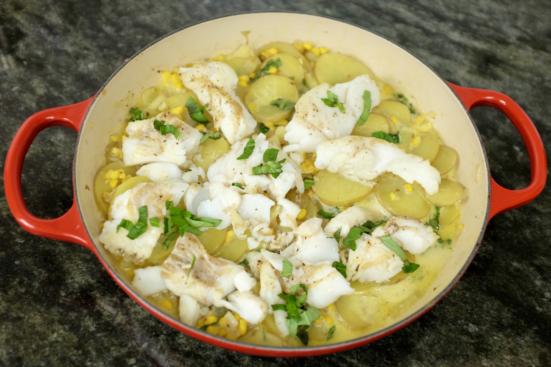 cod and maize with potatoes onions and fresh basil the portuguese way