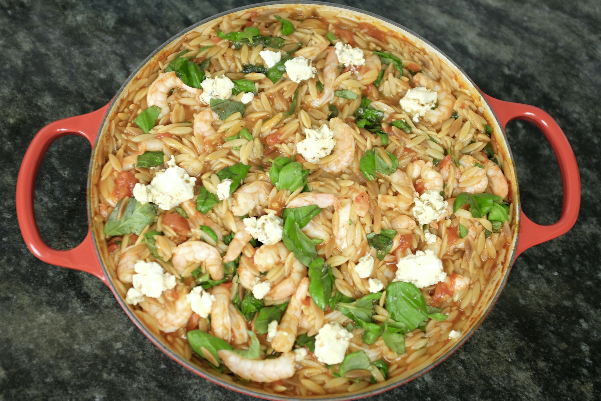 one pot orzo pasta and shrimps with tomatoes garlic basil fennel seeds and marinated feta cheese