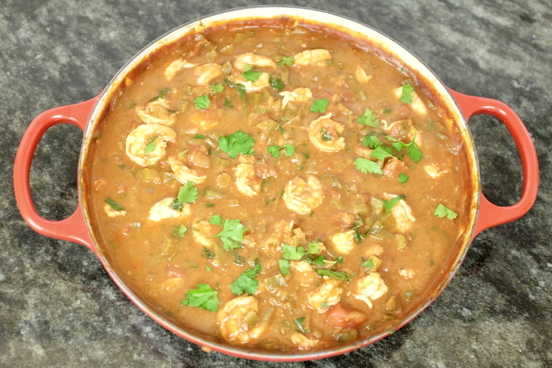 shrimps in own juice with tomato sauce celery green bell pepper garlic and parsley